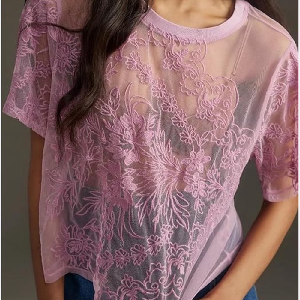 By Anthropologie Short-Sleeve Embroidered Mesh Top - Picture 2 of 10